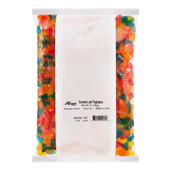 A 5 lb. bag of Albanese Gummi Jet Fighters on a white background.