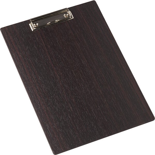 An American Metalcraft espresso wood clipboard menu holder with a metal clip.