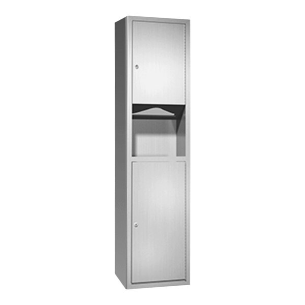 A white metal cabinet with two doors.