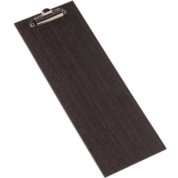 An American Metalcraft Espresso wood clipboard menu holder with a metal clip.
