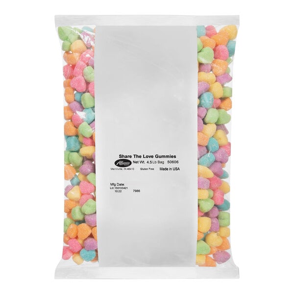 A close up of a bag of colorful Albanese Share the Love Sanded Gummi Hearts.