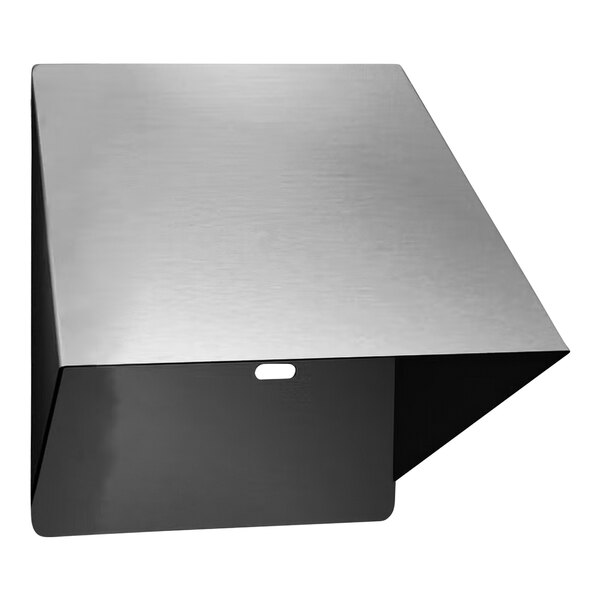 A stainless steel metal box with a black cover and a hole for toilet paper.