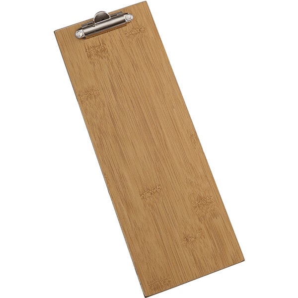 An American Metalcraft bamboo wood clipboard menu holder with a metal clip.