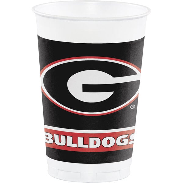 A white plastic Creative Converting University of Georgia cup with a logo.