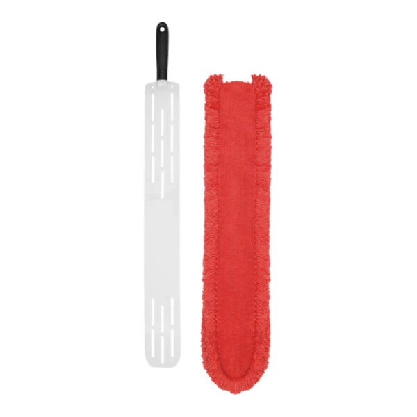 A white rectangular duster with a red and white handle.