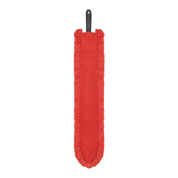 An OXO Good Grips red duster with a black handle.