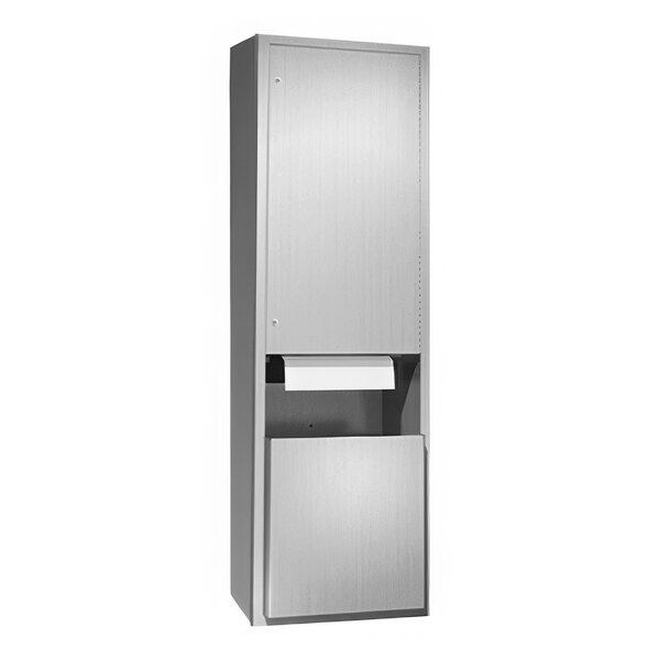 An American Specialties, Inc. stainless steel surface-mounted paper towel dispenser with waste receptacle and a door.