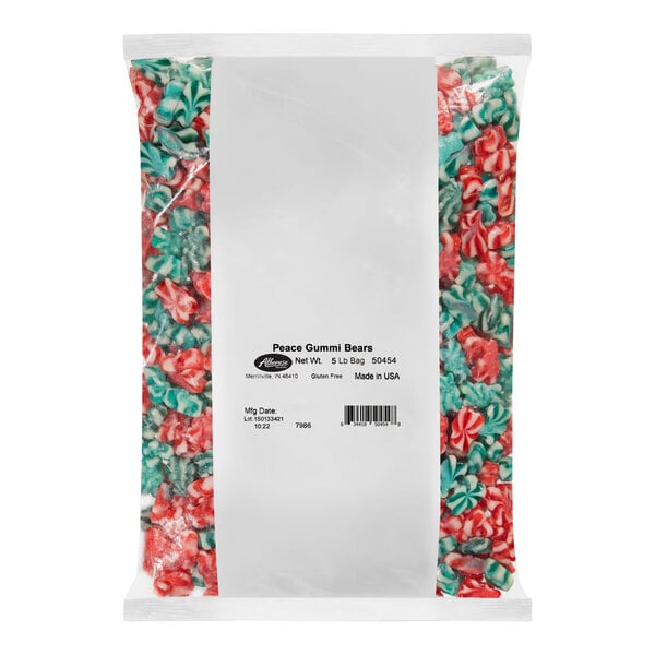 A close up of a package of Albanese Peace Gummi Bears on a white background.