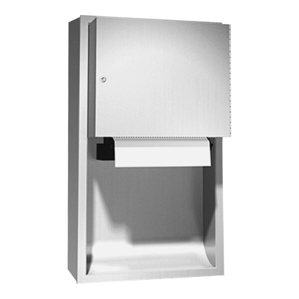 An American Specialties, Inc. stainless steel surface-mounted automatic roll paper towel dispenser.