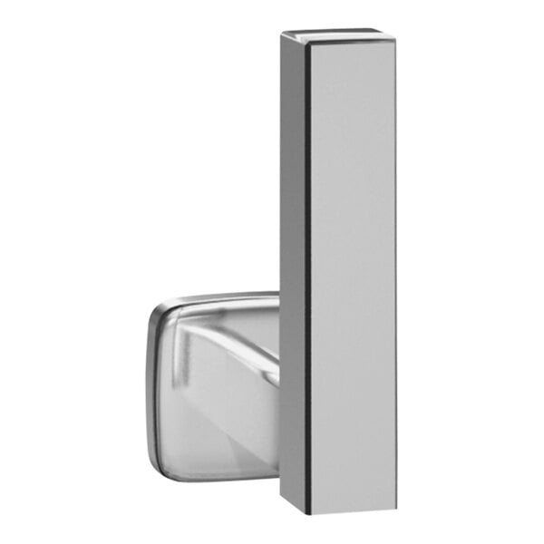 A close-up of a bright stainless steel American Specialties, Inc. vertical toilet paper holder.