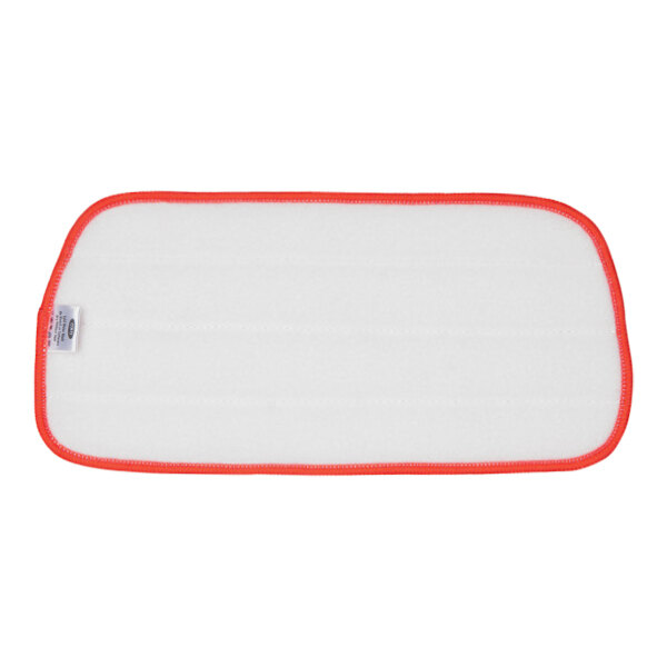 A white microfiber cloth with a red edge.