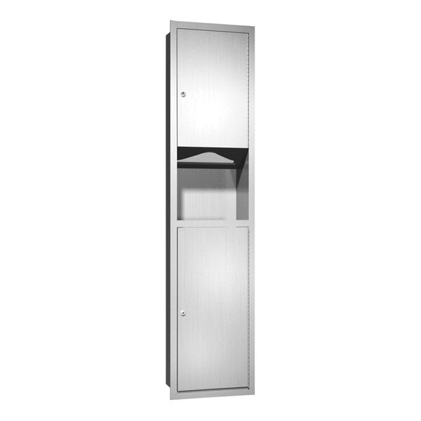 A white metal cabinet for American Specialties, Inc. Traditional Recessed Paper Towel Dispenser with Waste Receptacle.