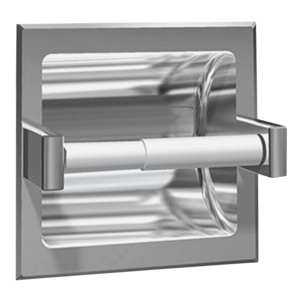 A satin stainless steel recessed toilet paper holder.