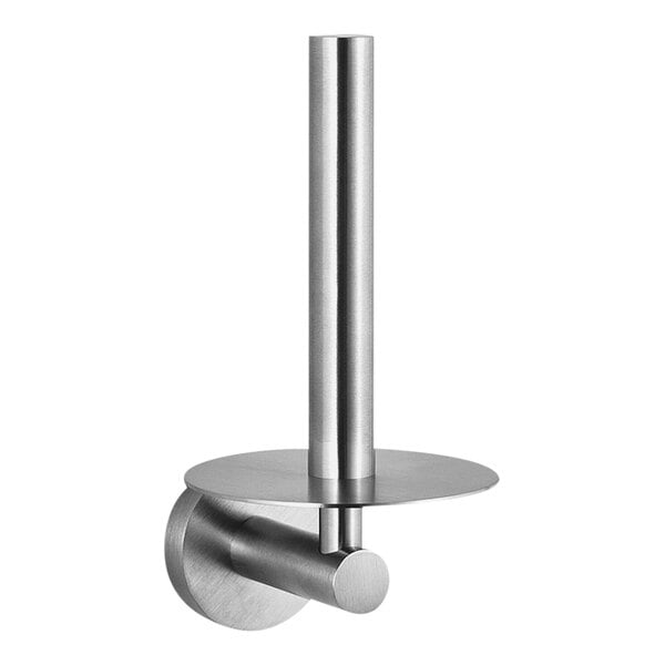 A satin stainless steel vertical single roll toilet tissue holder on the wall.