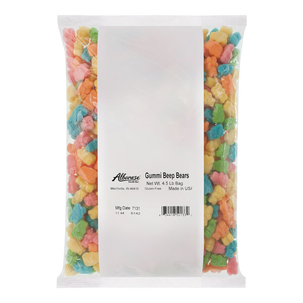 A white bag of Albanese Sanded Gummi Beep Bears.