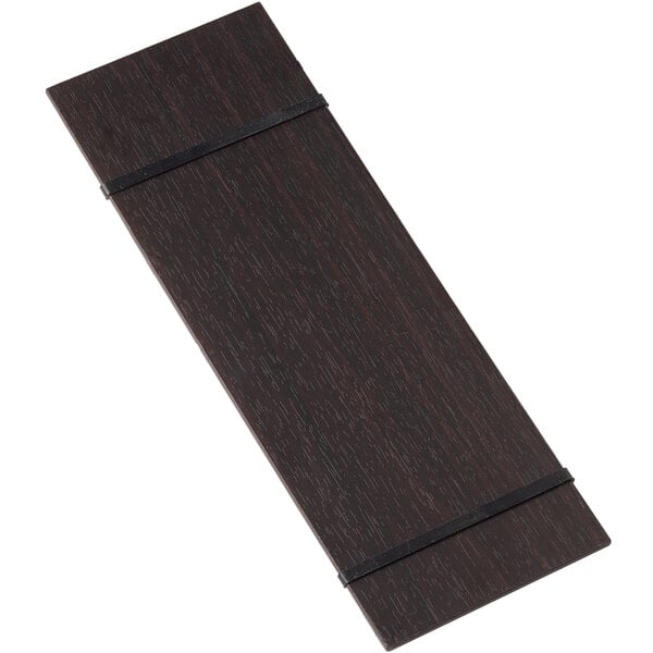 An espresso wood rectangular menu holder with black rubberbands.