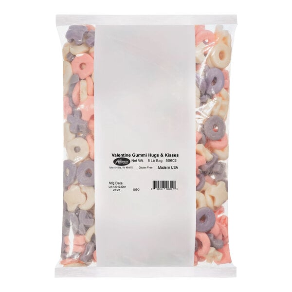 A plastic bag of Albanese Valentine Gummi Hugs and Kisses with assorted colors on a white background.