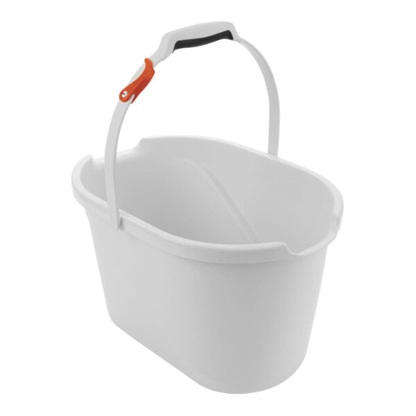 An OXO Good Grips white bucket with an orange handle.