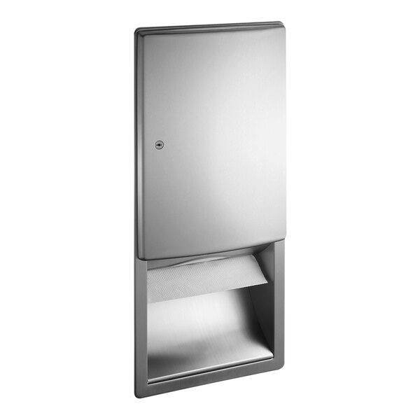 A stainless steel American Specialties, Inc. Roval recessed paper towel dispenser with a door.