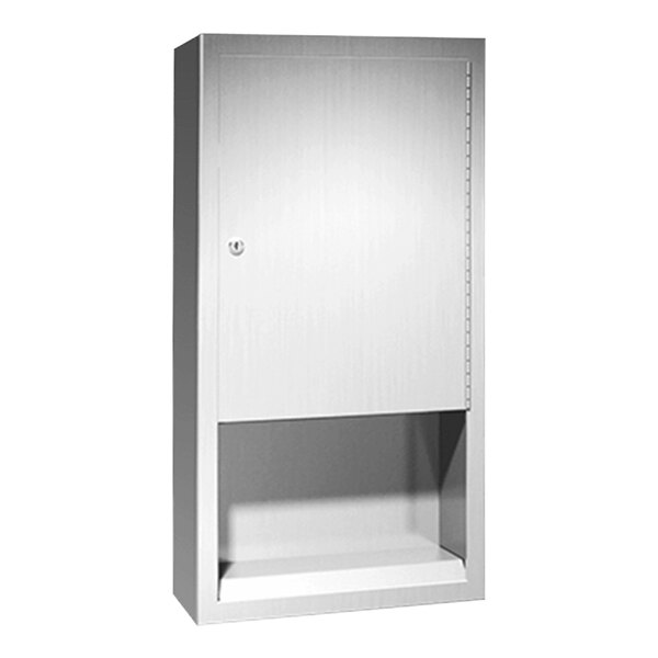 A white metal surface-mounted paper towel dispenser with a white door and keyhole.