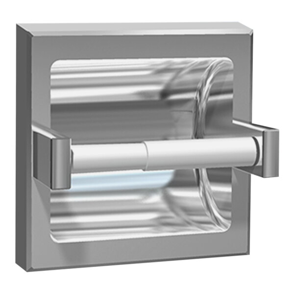 An American Specialties, Inc. stainless steel surface-mounted toilet paper holder with a roll of toilet paper on it.