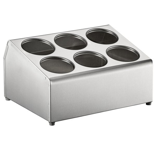A silver stainless steel Vollrath Silv-A-Tainer with six holes.