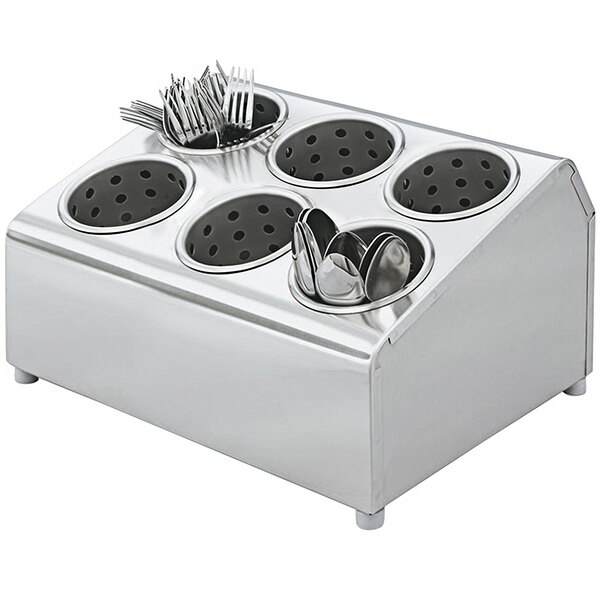 A Vollrath stainless steel flatware cylinder holder with silverware inside.