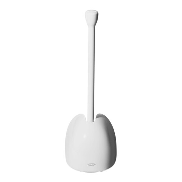 An OXO white toilet bowl plunger with a black handle in a white holder.