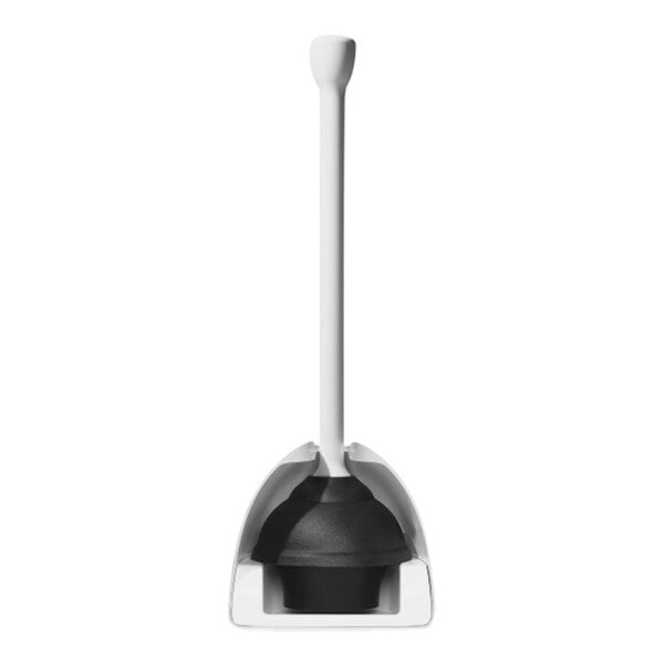 An OXO Good Grips white toilet bowl plunger with a black handle.