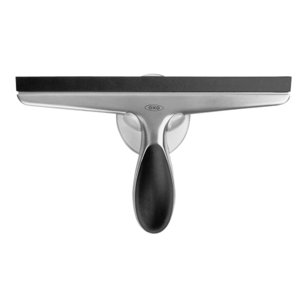 An OXO Good Grips stainless steel squeegee with black accents.