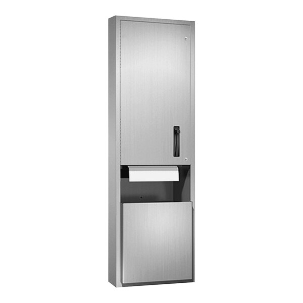 A stainless steel cabinet with a paper towel dispenser.
