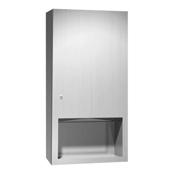 A silver metal surface-mounted paper towel dispenser by American Specialties, Inc. with a shelf inside.