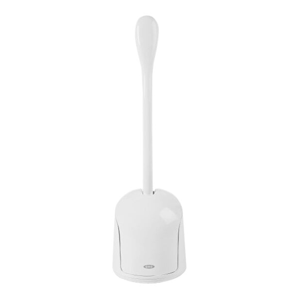 An OXO white toilet bowl brush with a white round caddy.