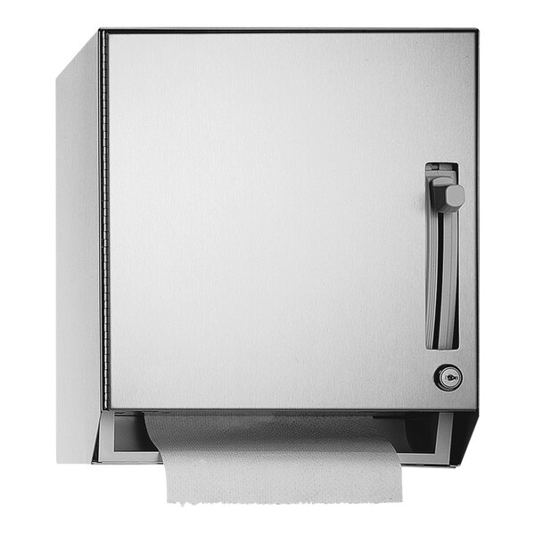 A stainless steel American Specialties, Inc. surface-mounted roll paper towel dispenser with a lever handle.