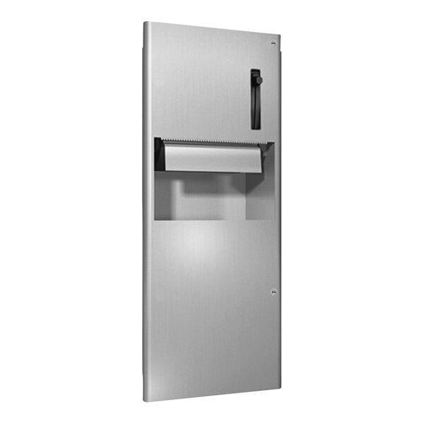 A silver rectangular American Specialties, Inc. recessed paper towel dispenser with a black handle.