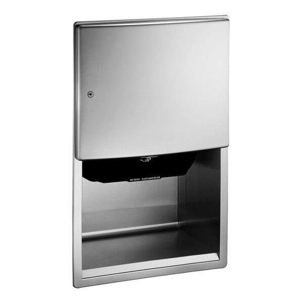 An American Specialties, Inc. stainless steel recessed battery-operated automatic roll paper towel dispenser.