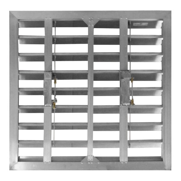 A metal square motorized backdraft damper with metal bars and stainless steel louvers.