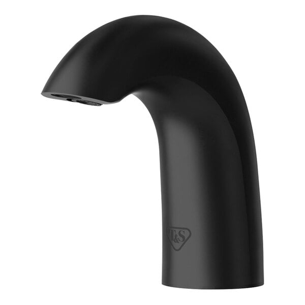 A T&S WaveCrest matte black deck mount sensor faucet with a curved design.