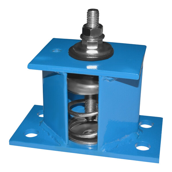 A blue metal Canarm spring vibration isolator with a bolt and nut.