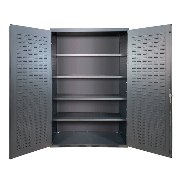 A white Valley Craft steel storage cabinet with open doors and shelves.