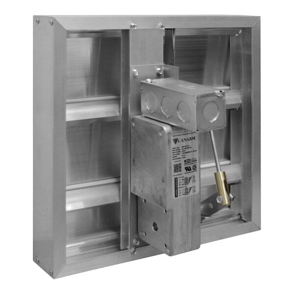 A metallic rectangular device with horizontal slats and an attached control box, likely used for airflow regulation.