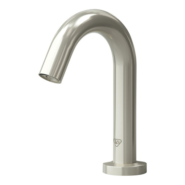 A silver T&S WaveCrest deck mount sensor faucet with a gooseneck spout.