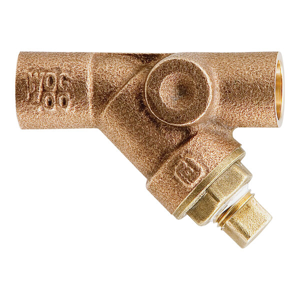 A brass Watts solder wye-pattern strainer.