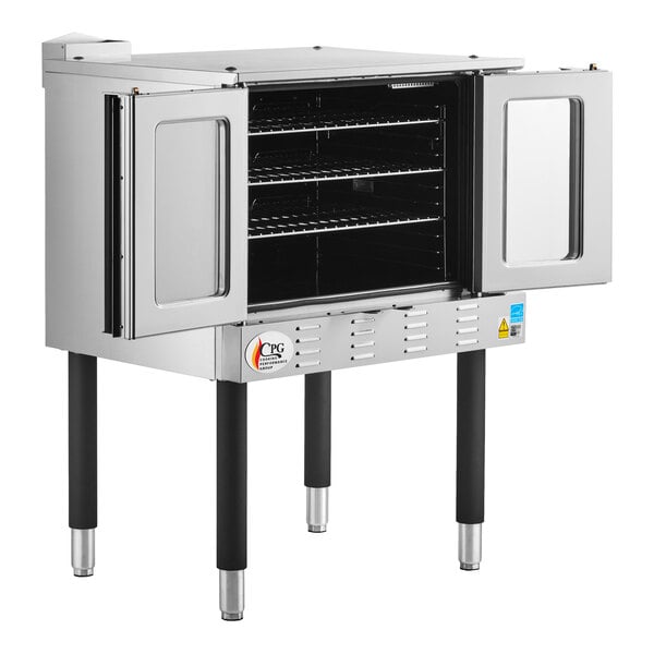 A stainless steel convection oven with two open doors, three interior racks, and four sturdy legs.
