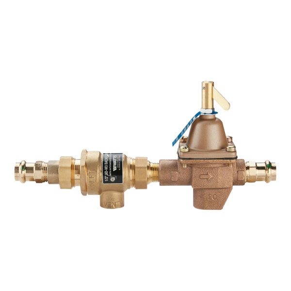 A close-up of a Watts brass combination fill valve and backflow preventer with press adapters.