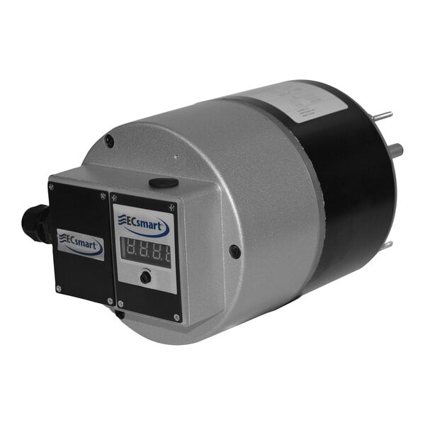 A close-up of a Canarm ECsmart 1 hp motor with a black and white cover.