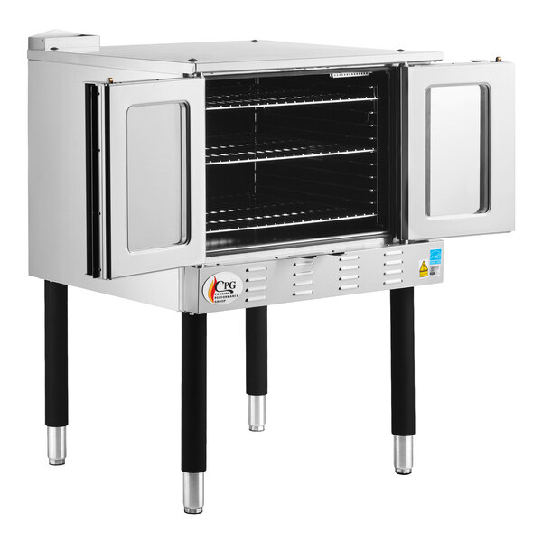 A stainless steel convection oven with double doors open, showing multiple interior racks and standing on four legs.