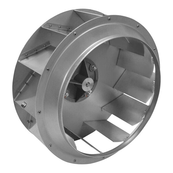 A large metal circular blower wheel for a Canarm industrial fan.