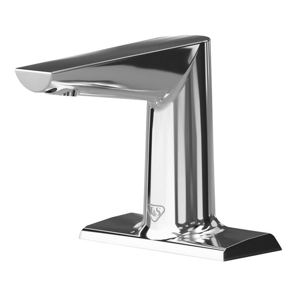 A T&S WaveCrest polished chrome deck mount sensor faucet on a counter.