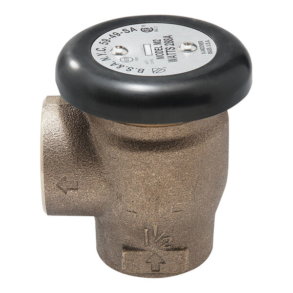 A brass Watts anti-siphon vacuum breaker valve with a black cover.